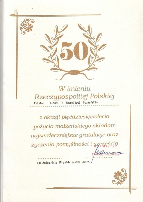 50-lecie-list grartulacyjny Burmitrza
Miasta Lublińca