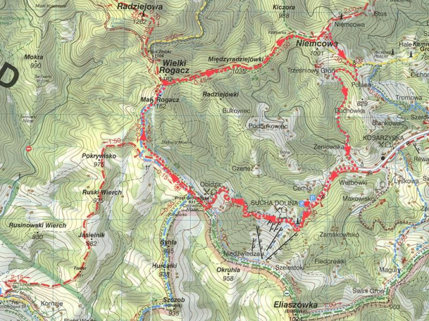 Mapka trasy Kosarzyska - Obidza - Mały Rogacz - Niemcowa - Kosarzyska #mapa #rower #góry #beskidy #BeskidSądecki #rogacze #niemcowa #obidza