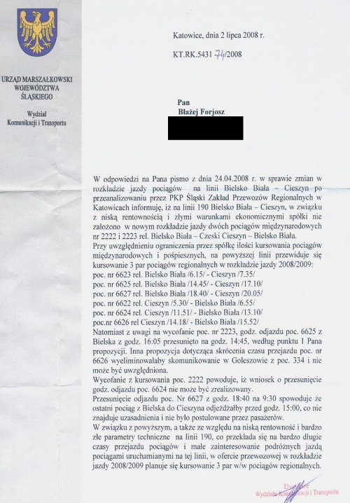 Pismo jakie otrzymałem z Urzędu Marszałkowskiego w odpowiedzi na moje pismo dot. zmian rozkładu na linii Bielsko - Cieszyn.