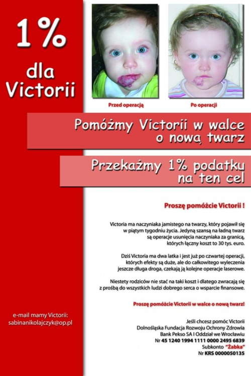 Victoria Nikolajczyk - Naczyniak jamisty ...... ...... ..... ...... .... ......
http://victorianikolajczyk.w.interia.pl ... ..... ...... ...... ........ http://pomagamy-dzieciom.blog.onet.pl ------- http://pomagamy.dbv.pl/ #Apel #ChoreDzieci #dziecko