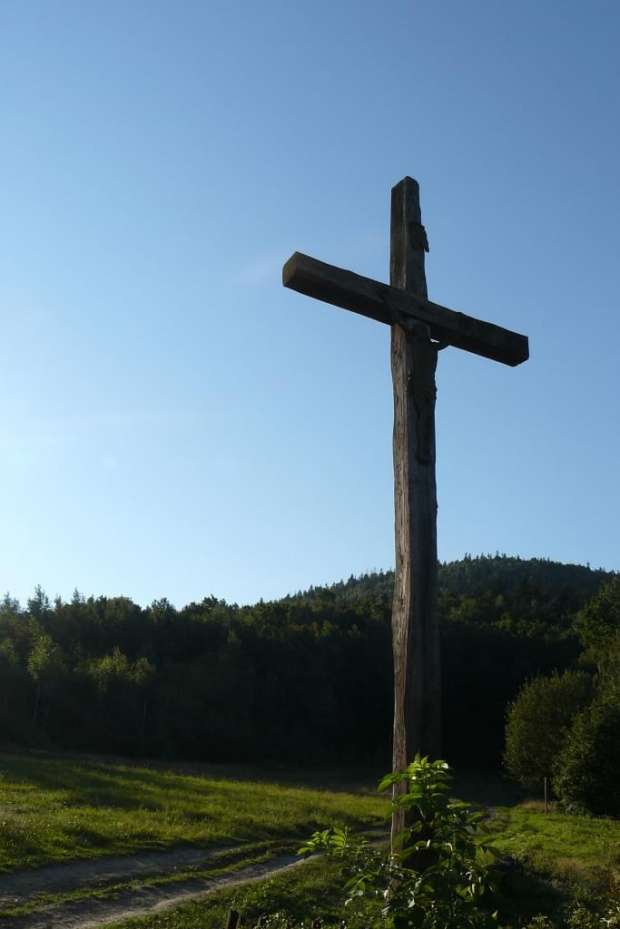 Przydrożny krzyż przy szlaku z Mikuszowic Śląskich na Magurkę Wilkowicką (Beskid Mały) #Góry #Beskidy #BeskidMały #kapliczka #krzyż